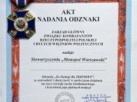 Odznaka Związku Kombatantów Rzeczpospolitej Polskiej i Byłych Więźniów Politycznych dla Stowarzyszenia Monopol Warszawski