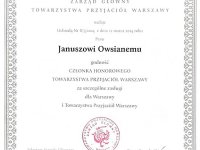 Godność "Członka Honorowego Towarzystwa Przyjaciół Warszawy" dla Janusza Owsianego