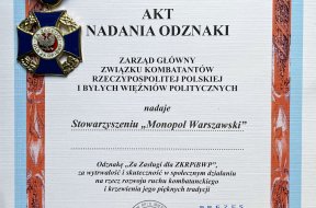 Odznaka Związku Kombatantów Rzeczpospolitej Polskiej i Byłych Więźniów Politycznych dla Stowarzyszenia Monopol Warszawski